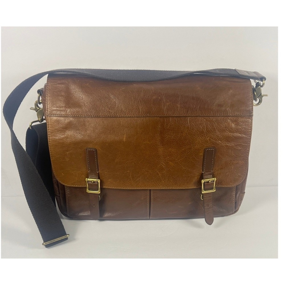 Fossil Defender Leather Messenger Bag Laptop Briefcase Crossbody Satchel Brown